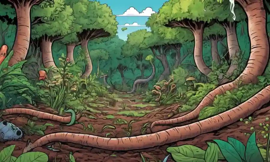 Mycoremediation ecosistema concepto ilustración con gusanos de tierra y plantas verdes exuberantes.