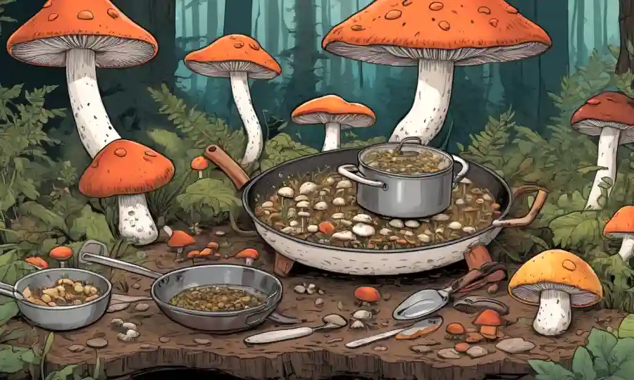 Ilustración de varios tipos de hongos creciendo en el bosque, con utensilios de cocina y recetas mostradas.