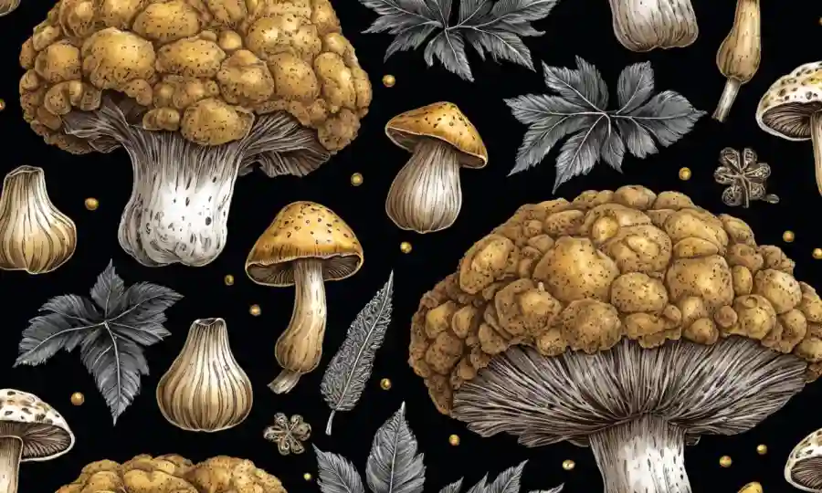 Una trufa blanca dorada en un fondo negro, rodeada de setas exóticas y elementos de lujo.