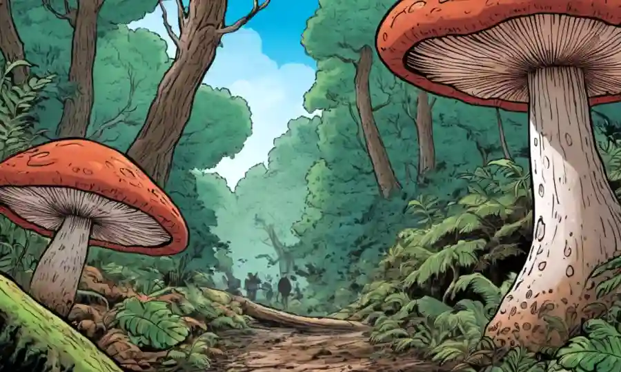 Cerca de raro hongo Reishi creciendo en el salvaje con fondo exótico de hongos.