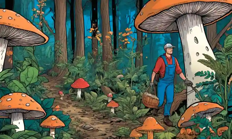 Una persona que cosecha hongos en un bosque, rodeado de hongos vibrantes y varias plantas.