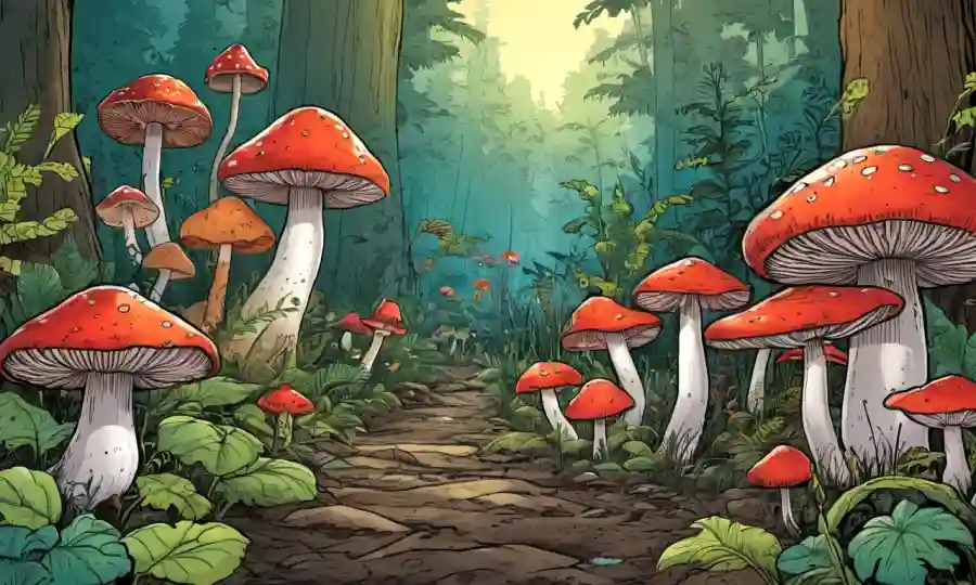 Setas comestibles creciendo en medio de la flora forestal diversa