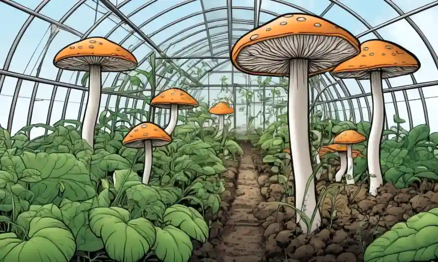 Fungi creciendo en plantas en un invernadero moderno, destacando su importancia en el control biológico.