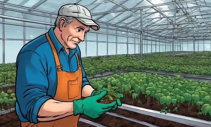 Agricultor con guantes que sostienen una planta fúngica en un invernadero interior de alta tecnología.