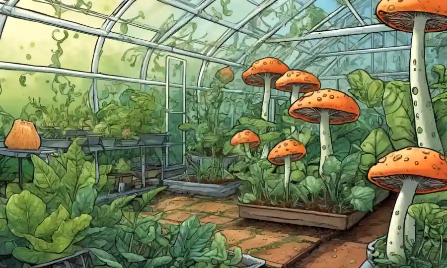 hongos microscópicos interactuando con células vegetales en un entorno de invernadero.