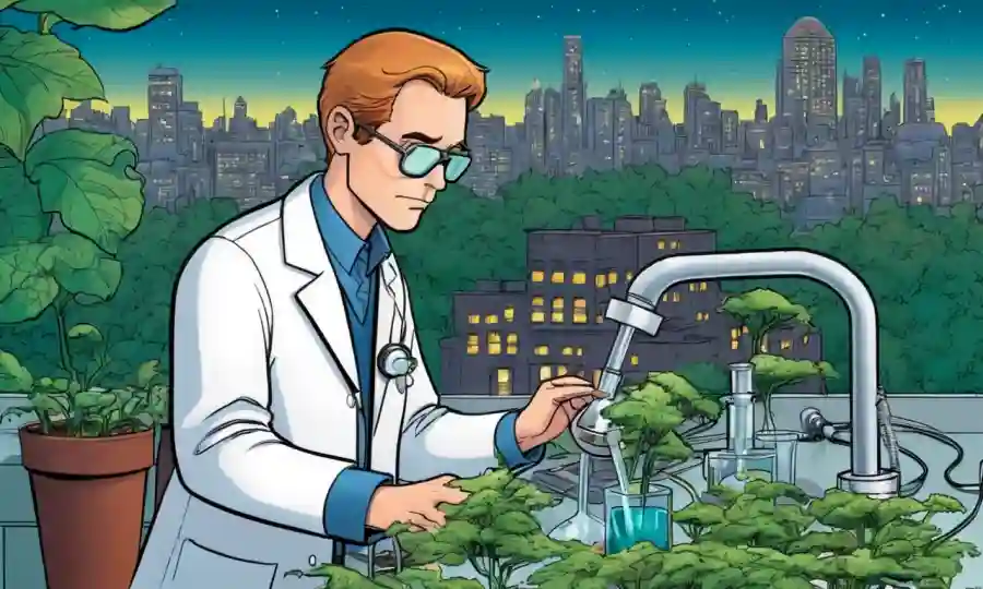 Un científico que examina una muestra de hongos en un laboratorio, con un paisaje urbano o vegetación en el fondo.