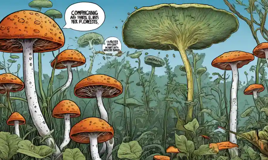 Una ilustración científica de hongos creciendo en las plantas, con superposición de texto destacando sus beneficios de control biológico.