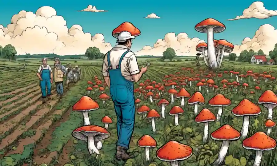 Setas creciendo en un campo con agricultores o científicos observando.