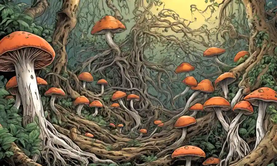 Las raíces y plantas de hongos se entrelazaron en relaciones simbióticas, rompiendo materia orgánica.