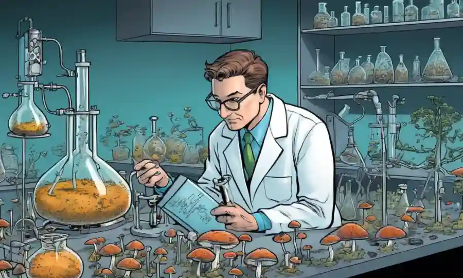 Científico que estudia el crecimiento de hongos en equipos de laboratorio.