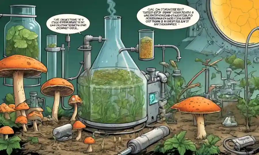 Concepto de hongos y biocombustibles con diagramas científicos y equipo de laboratorio.