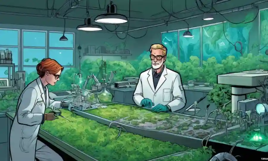 Investigadores que trabajan en una mesa de laboratorio en medio de culturas fúngicas y equipos de energía verde.