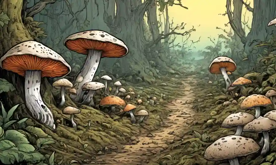 Fungi creciendo en la desintegración de la materia orgánica, destacando su papel en la descomposición y reciclaje de nutrientes.