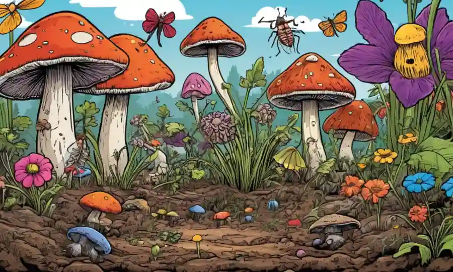 Los hongos brotan del suelo con otros organismos (insectos