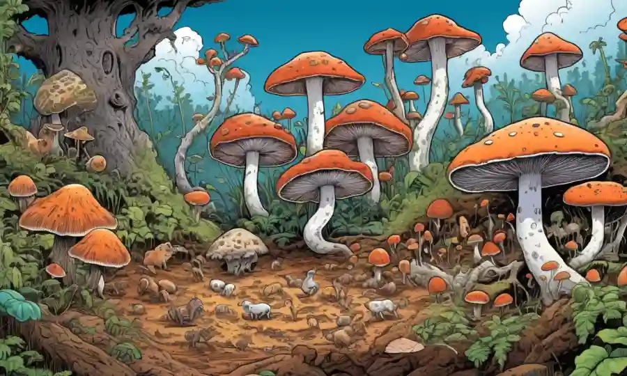 Ilustración de hongos interactuando con animales de cultivo de hongos, rodeados de suelo rico en nutrientes.