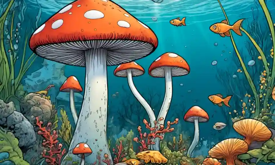 Crecimiento de hongos en el ecosistema acuático rodeado de peces u otra vida hídrica.