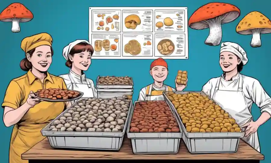 Personas con bandejas de productos alimenticios basados en hongos con gráficos y datos de investigación alrededor.
