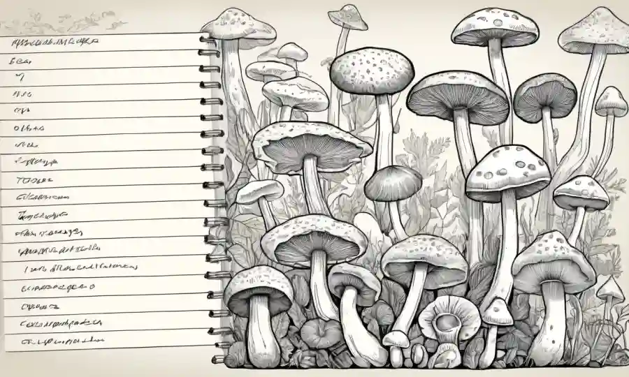 Una colección de hongos con sus propiedades medicinales esbozadas en un cuaderno.