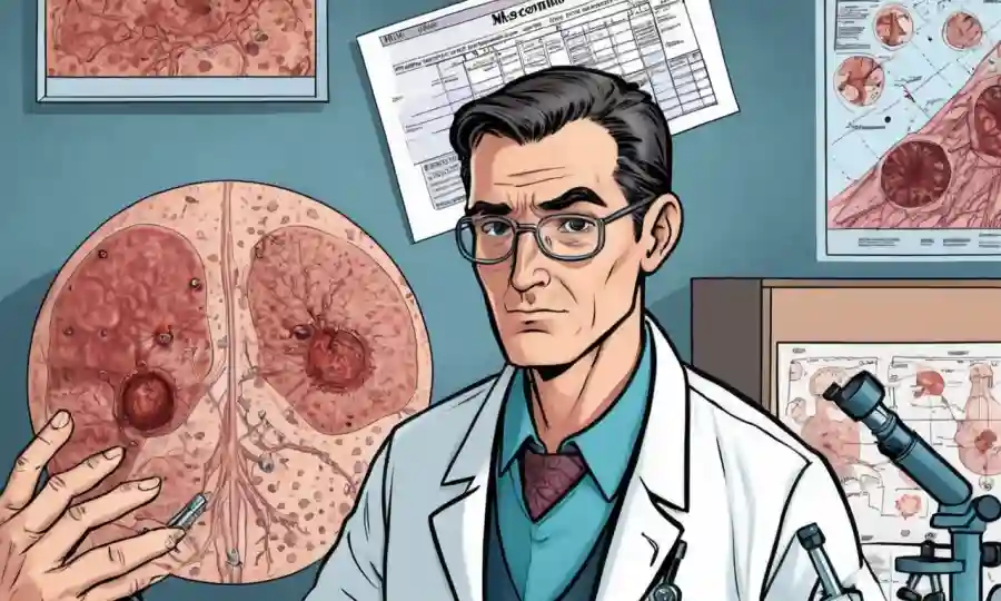 El médico examina una infección cutánea de pacientes junto a los gráficos médicos y las imágenes del microscopio.