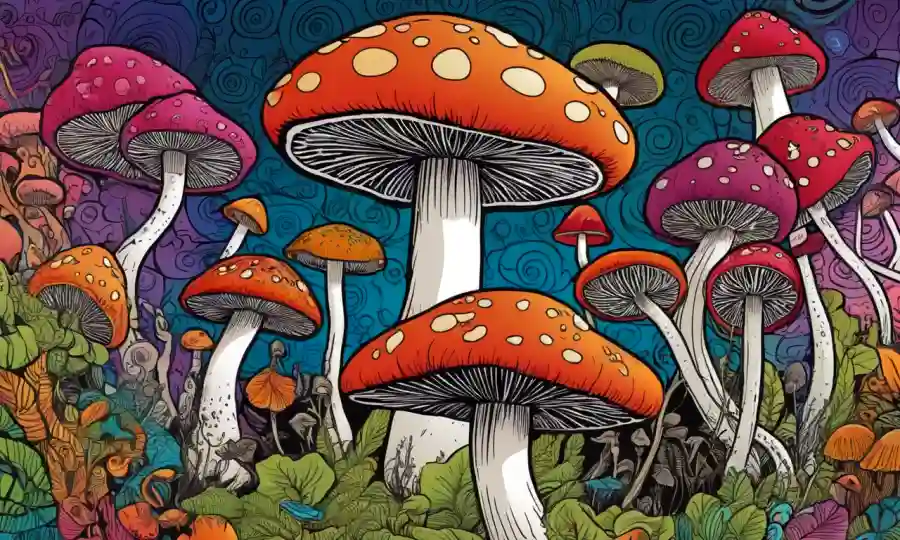 Una ilustración de varios hongos con texto descriptivo superpuesto, rodeado de patrones psicodélicos y formas de girar.