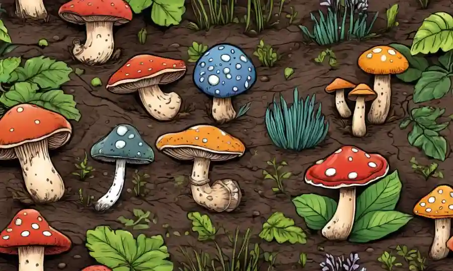 Una variedad de hongos creciendo en diferentes tipos de suelo o plantas.