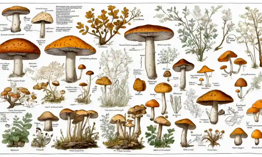 Disparos de varias especies de hongos en regiones templadas con notas y diagramas científicos.