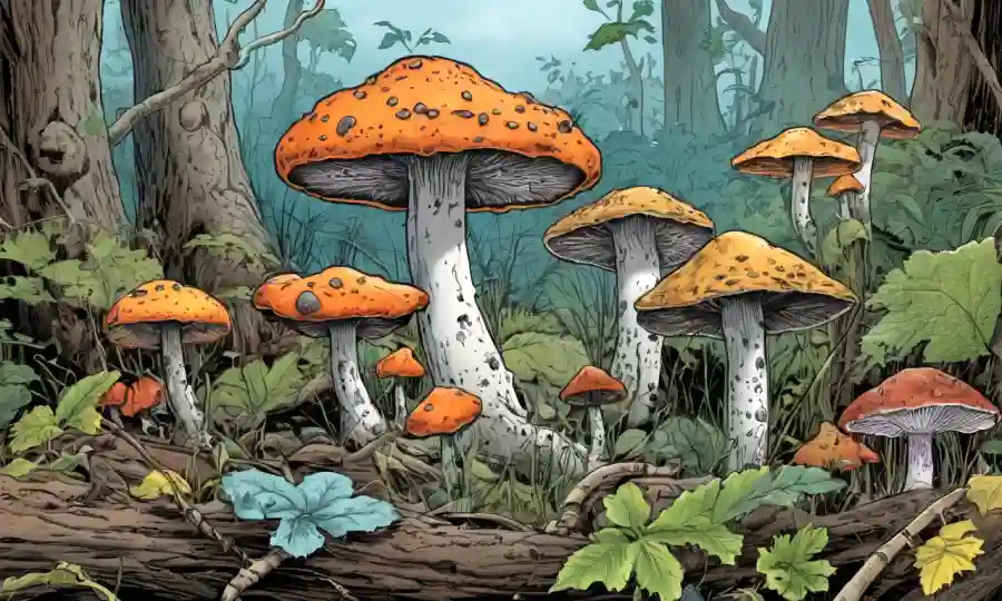 Imagen de varias especies de hongos descompuestos en un entorno natural.