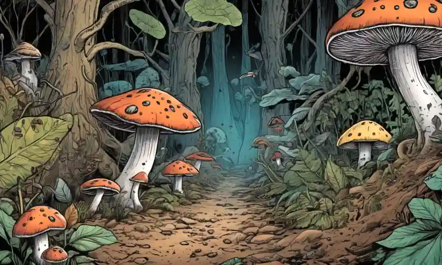 Fungi creciendo bajo tierra y entre árboles