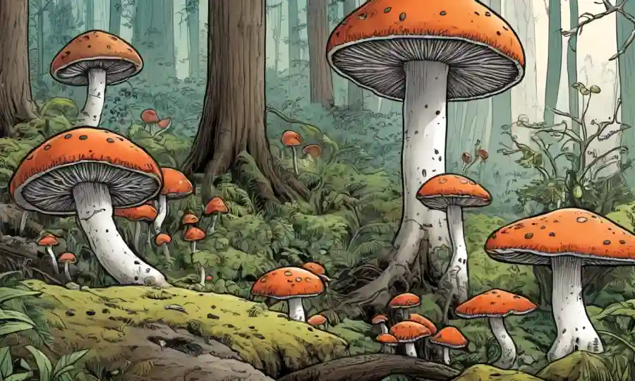Fungi interactuando con otros organismos en un ecosistema forestal, destacando los procesos de descomposición.