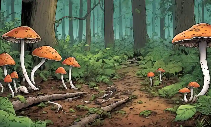 Cerrar varios hongos en diferentes etapas de descomposición con hojas verdes y suelo forestal en el fondo.
