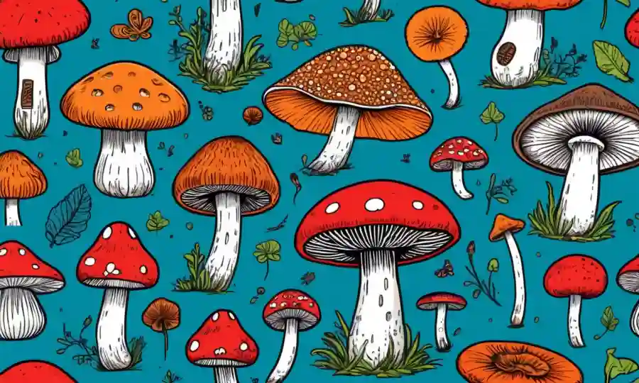 Una ilustración vibrante de setas icónicas junto a fascinantes iconos de curiosidad cultural.