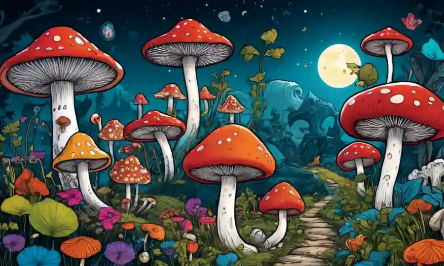 Setas visbrant rodeadas de iconos culturales y símbolos de fantasía y folclore.