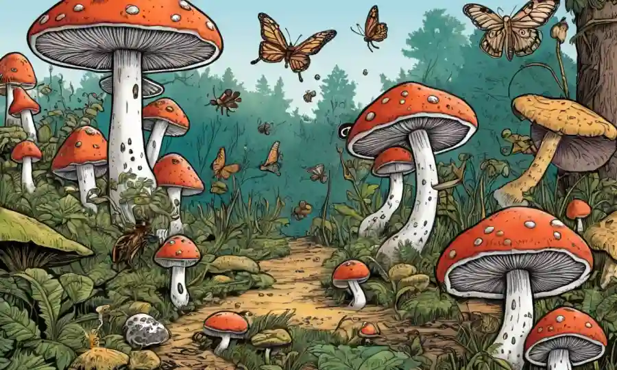 Fungi e insectos en relaciones simbióticas, con hongos e insectos interactuando.