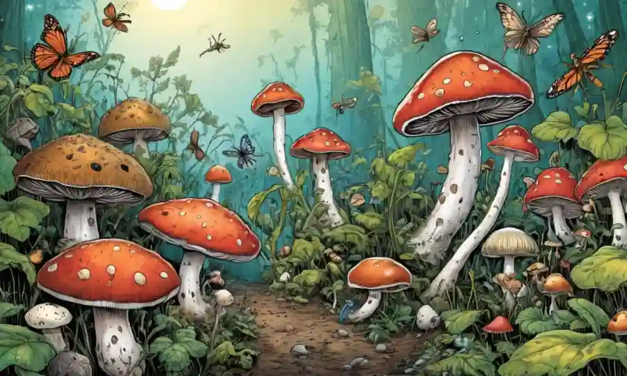 Fungi creciendo simbióticamente entre insectos en armonía.