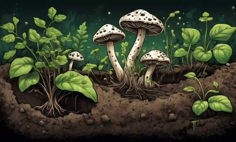 Fungi creciendo en suelo contaminado o agua con hojas verdes brotando