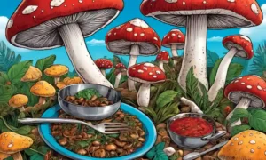 Setas vibrantes en fondos exóticos con utensilios gourmet e ingredientes cercanos.