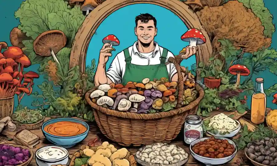 Una persona que sostiene una cesta de setas rodeada de salsas gourmet y ingredientes aromáticos.