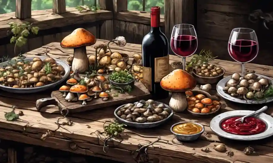 Setas en una mesa rústica con copas de vino y salsas gourmet.