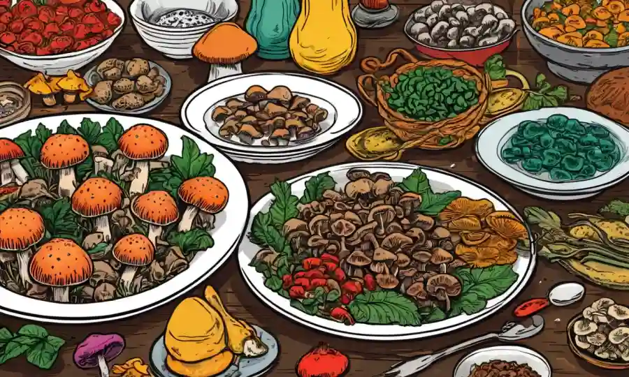Setas visbrant en varios platos, con superposición de texto destacando beneficios y recetas de salud.