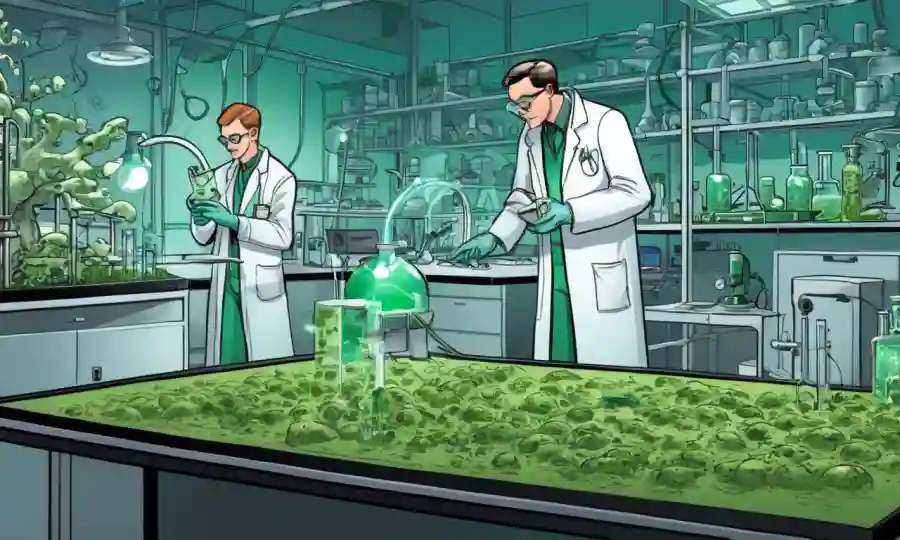 Científicos trabajando en un laboratorio rodeado de muestras fúngicas y equipos relacionados con la energía verde.