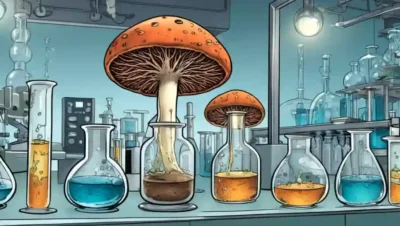Crecimiento de hongos en frascos de laboratorio rodeados de equipos de laboratorio.