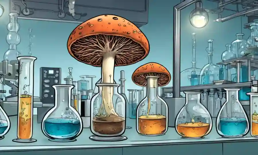 Crecimiento de hongos en frascos de laboratorio rodeados de equipos de laboratorio.