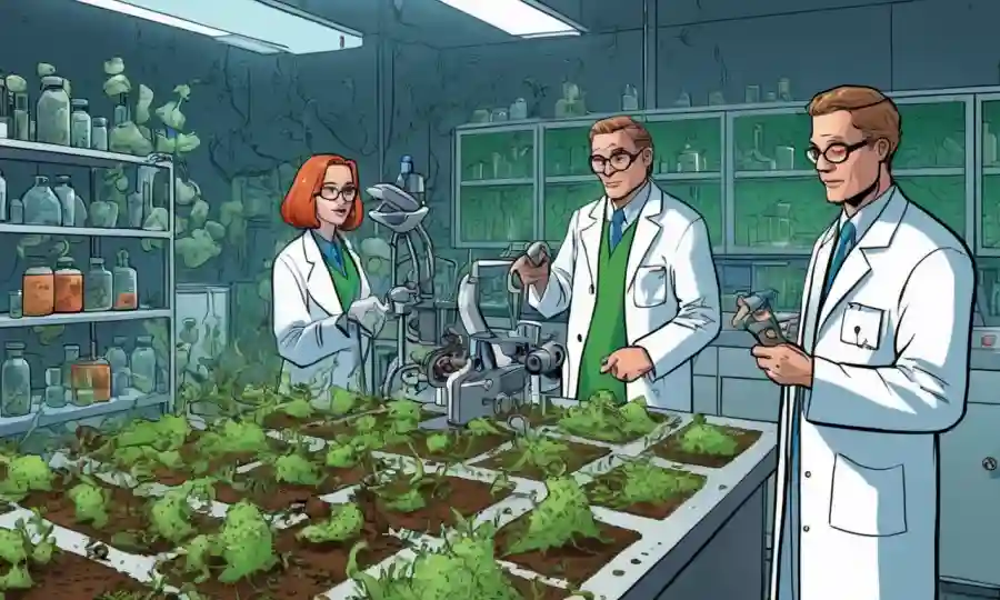 Científicos en capas de laboratorio rodeados de culturas y equipos fungosos.