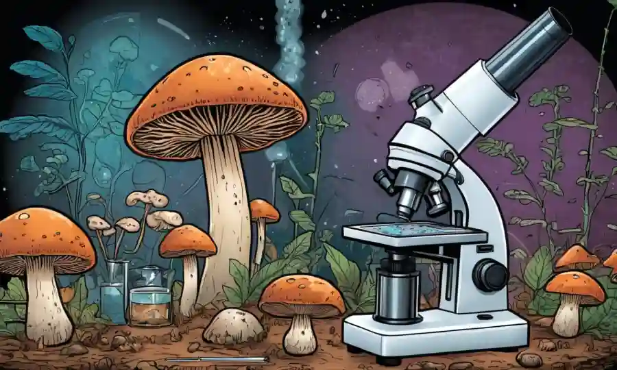 Imagen microscopio de hongos con equipo de laboratorio y diagramas que ilustran los procesos de bioremediación.