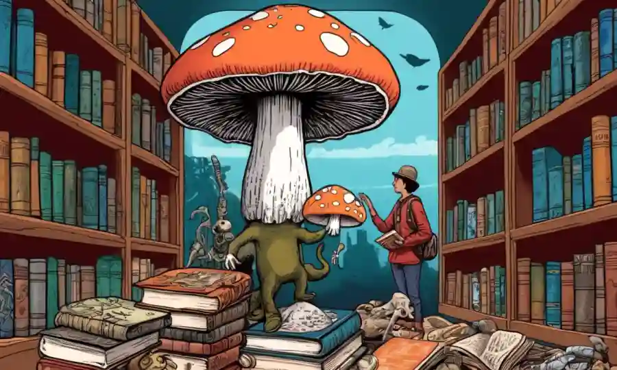 Una persona que tiene un hongo rodeado de artefactos culturales y libros en una biblioteca o museo.