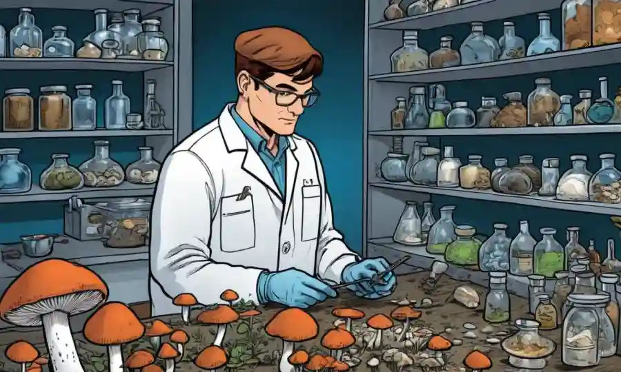 Científico de investigación examinando especímenes de hongos en medio de artefactos culturales tradicionales y modernos equipos de laboratorio.
