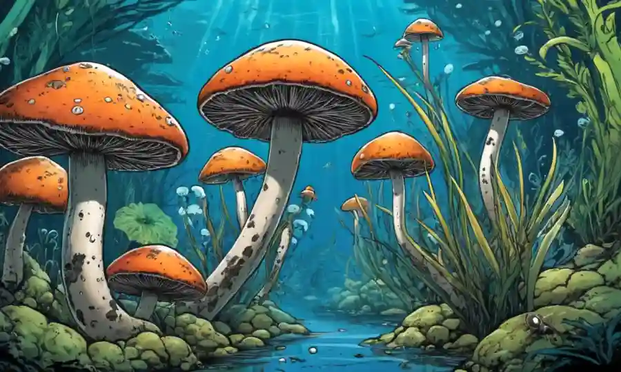 Fungi creciendo en medio de la vida vegetal acuática en un ecosistema submarino.
