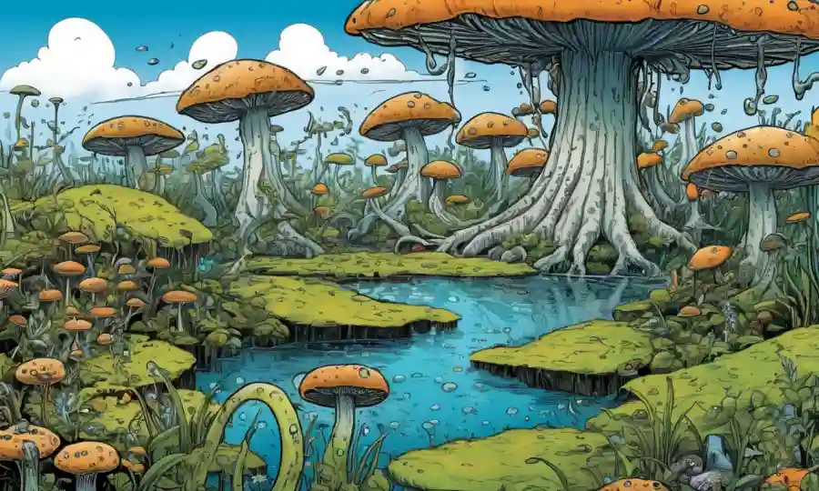 Plantas de agua rodeadas de crecimientos de hongos, destacando los riesgos ecológicos.