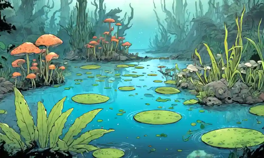 Plantas de agua rodeadas de crecimiento fúngico acuático, destacando la importancia ambiental.