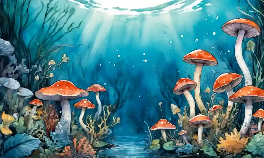 Ilustración acuarela de diversos hongos acuáticos rodeados de sutiles ecosistemas submarinos.